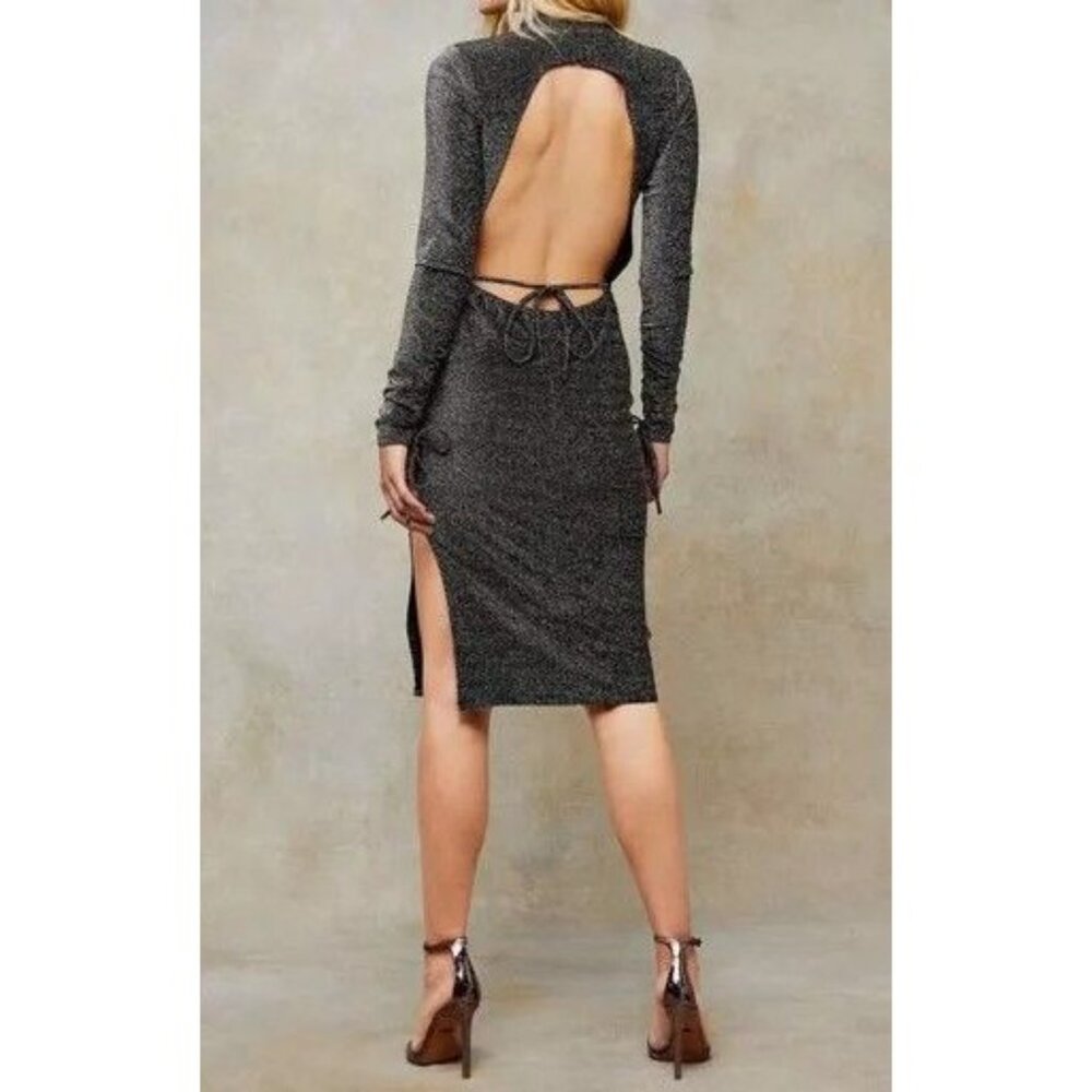 Topshop Black Silver Glitter Open Midi Cocktail Night Out Dress Size 6 - Picture 2 of 12